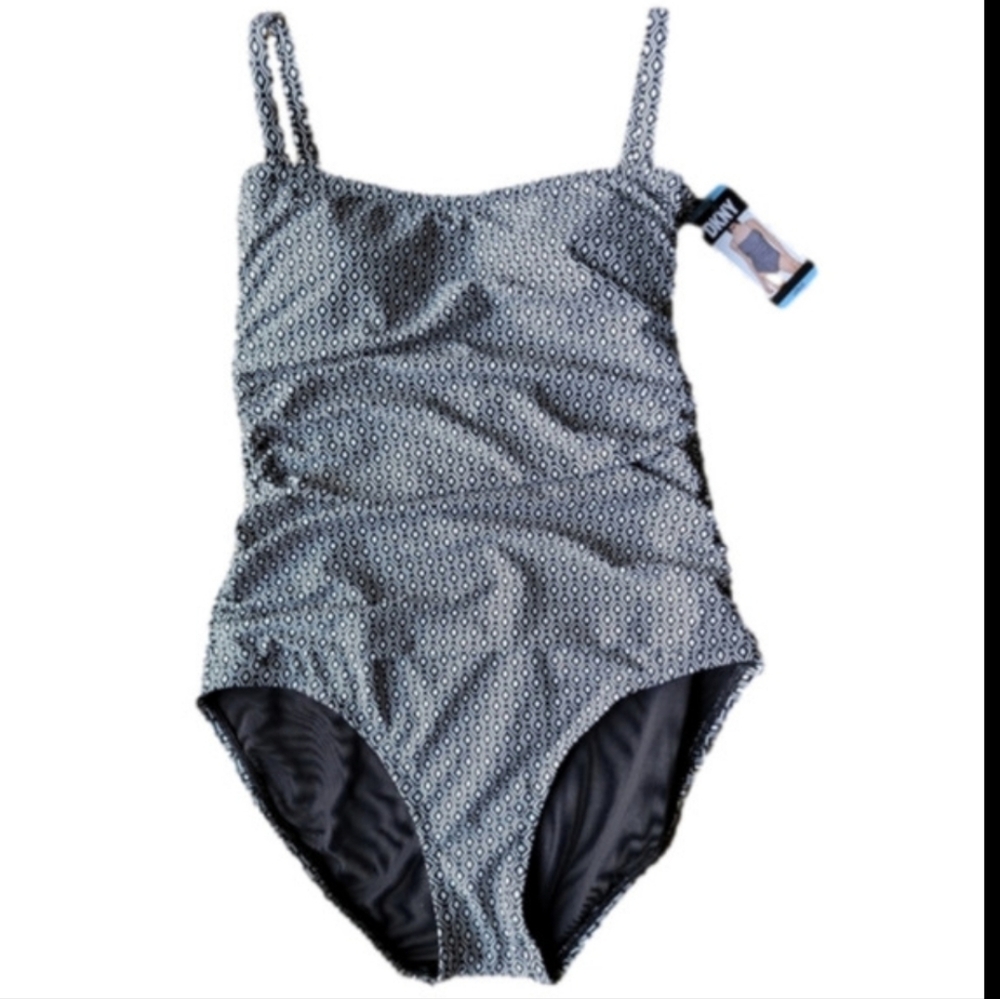 DKNY Swimsuit One Piece Black White Tummy Control Slimming Geometric Design Sz.L - Picture 16 of 16